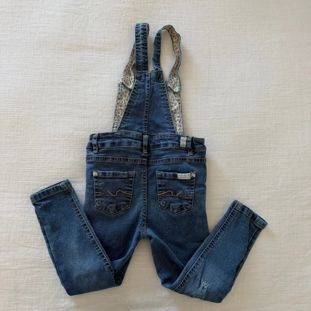 7 For All‎ Mankind Girls Denim Overalls Medium Wash Floral Trim Distressed 4T